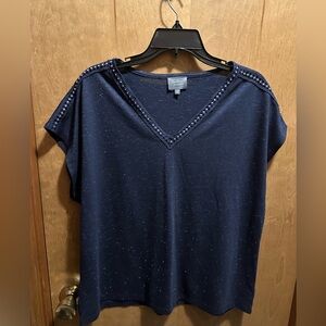 Navy Embellished V-Neck Short Sleeve Top